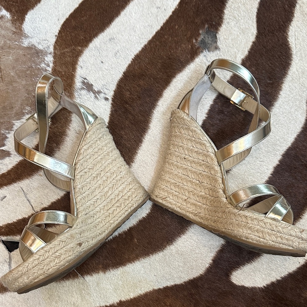 Jimmy Choo Metallic Gold Wedge Sandals - Picture 6 of 9